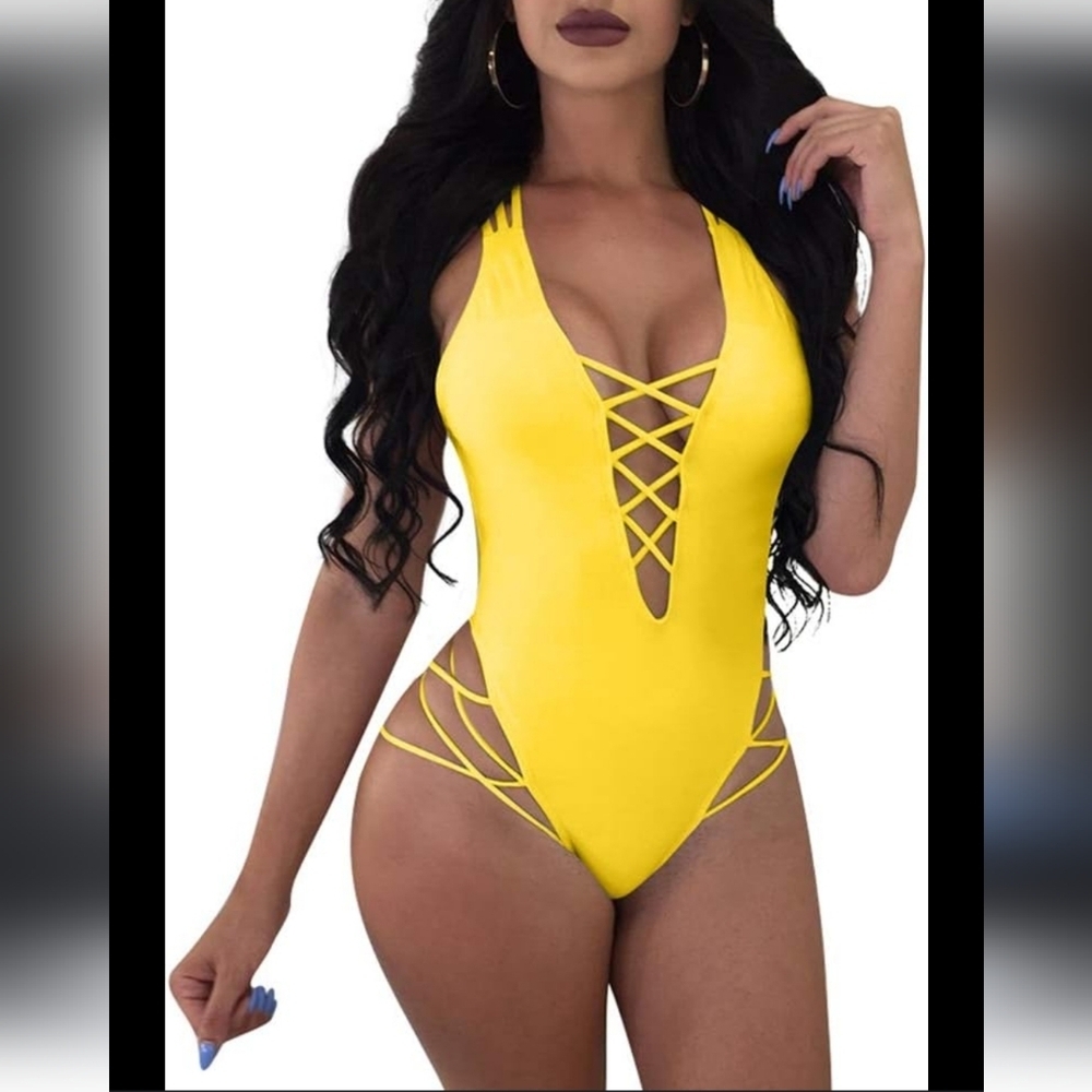 Yellow One-Piece Swimsuit Bathing Suit Strappy XL NEW Swim Lace Up Plunging Neck